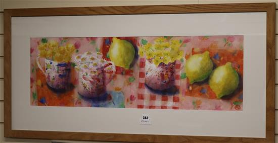 Andy Waite, watercolour, Lemons and spring flowers, monogrammed, 30 x 92cm